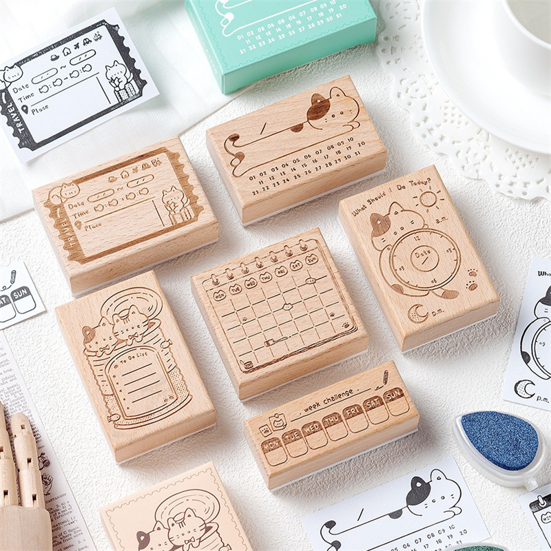 Cute Cat Wooden Rubber Stamp M - Rubber Date Stamp 评论和价格